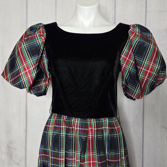 VTG 80s Lanz Originals Velvet & Tartan Christmas Dress Puff Sleeves, sz Small - Picture 2 of 7